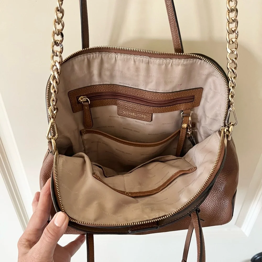 Michael Kors Mercer Medium Dome Satchel Bag Brown Leather with Shopping Bag